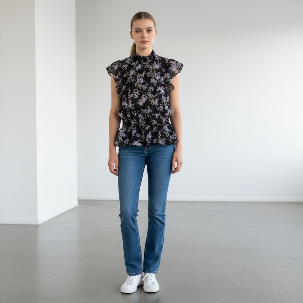 Great Jones Rent The Runway Black Floral Crinkle Chiffon Blouse Size XS